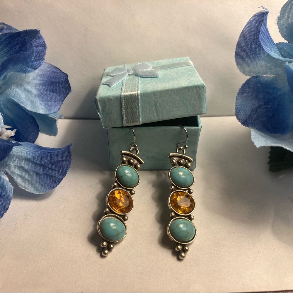 Turquoise Dangle Earrings with amber colored accents